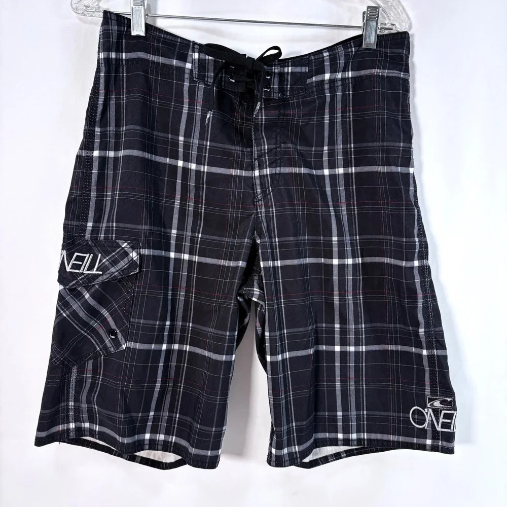O'Neill Board Shorts Black White Plaid Cargo Pocket Mens Size 31 Swim Trunks